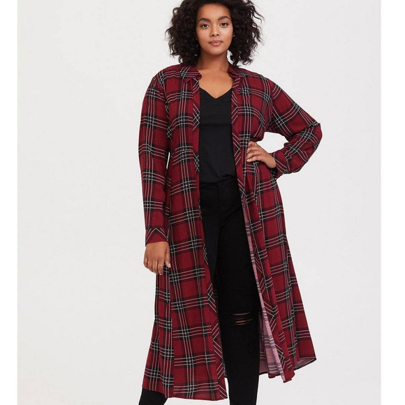 torrid Tops - Torrid Plaid Long Sleeve Open Front Duster Kimono Cardigan 1X